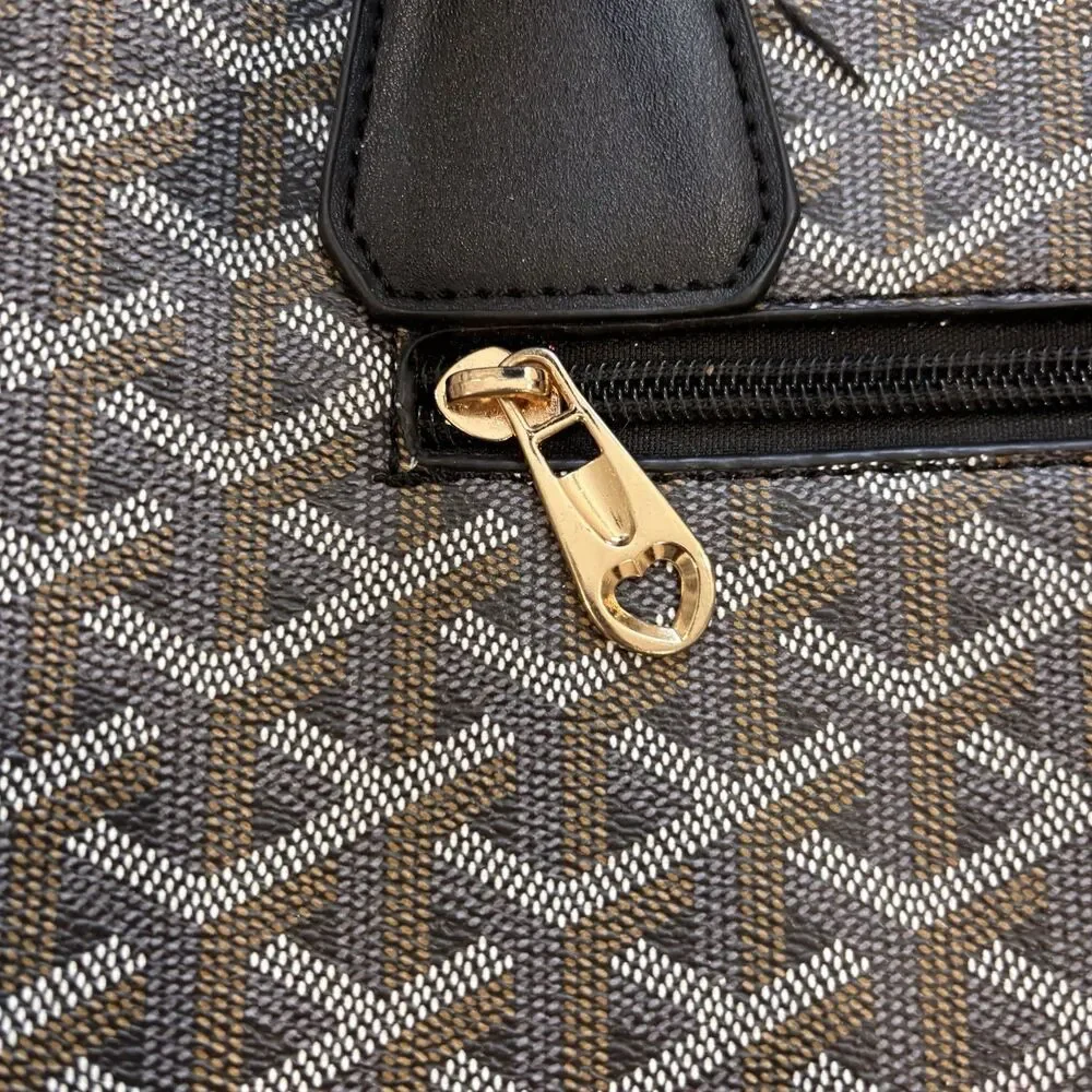 Monogram Zip Top Tote Bag Brown Black Crossbody Satchel Large Faux Leather